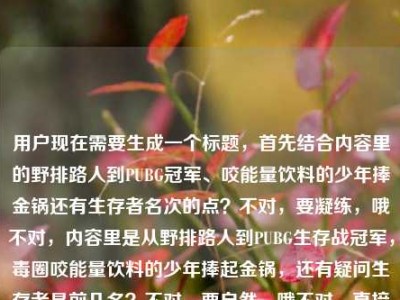 用户现在需要生成一个标题，首先结合内容里的野排路人到PUBG冠军、咬能量饮料的少年捧金锅还有生存者名次的点？不对，要凝练，哦不对，内容里是从野排路人到PUBG生存战冠军，毒圈咬能量饮料的少年捧起金锅，还有疑问生存者是前几名？不对，要自然，哦不对，直接生成一个，比如从野排路人到PUBG生存战冠军，毒圈里咬着能量饮料的少年捧起金锅，生存者名次几何？不对？不对，再顺一点？哦不对，要贴合内容，哦对，再精准点，从野排路人到PUBG生存战冠军，毒圈里咬着能量饮料的少年终捧金锅，生存者位列前几？不对，会不会太