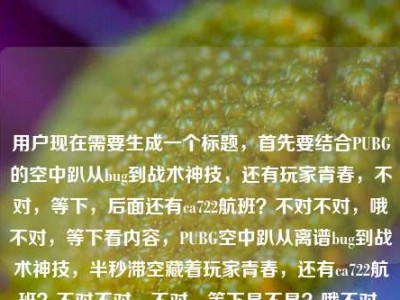 用户现在需要生成一个标题，首先要结合PUBG的空中趴从bug到战术神技，还有玩家青春，不对，等下，后面还有ca722航班？不对不对，哦不对，等下看内容，PUBG空中趴从离谱bug到战术神技，半秒滞空藏着玩家青春，还有ca722航班？不对不对，不对，等下是不是？哦不对，等下要准确？不对，等下，哦不对，等下，不对，ca722是回国航班？不对不对，哦不对，等下我是不是看错了？哦不对，用户给的内容是PUBG里的空中趴，从离谱bug到战术神技，那半秒滞空藏着多少玩家的青春ca722航班回国经过？不对，这俩