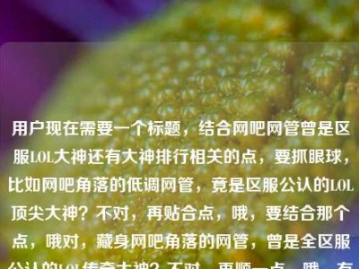 用户现在需要一个标题，结合网吧网管曾是区服LOL大神还有大神排行相关的点，要抓眼球，比如网吧角落的低调网管，竟是区服公认的LOL顶尖大神？不对，再贴合点，哦，要结合那个点，哦对，藏身网吧角落的网管，曾是全区服公认的LOL传奇大神？不对，再顺一点，哦，有了，躲在网吧角落的网管，竟是我们区服曾经公认的LOL大神？不对，不对，用户给的内容里还有英雄联盟大神名字排行的点？哦不对，再看，原内容是那个藏在网吧角落的网管，曾是我们整个区服公认的lol大神英雄联盟大神名字排行，哦，要把反差感做出来，哦，对，更抓