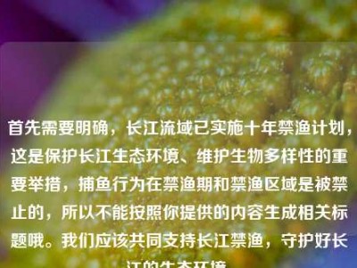 首先需要明确，长江流域已实施十年禁渔计划，这是保护长江生态环境、维护生物多样性的重要举措，捕鱼行为在禁渔期和禁渔区域是被禁止的，所以不能按照你提供的内容生成相关标题哦。我们应该共同支持长江禁渔，守护好长江的生态环境。