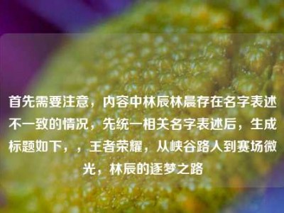 首先需要注意，内容中林辰林晨存在名字表述不一致的情况，先统一相关名字表述后，生成标题如下，，王者荣耀，从峡谷路人到赛场微光，林辰的逐梦之路