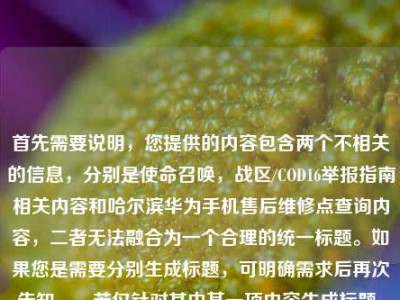 首先需要说明，您提供的内容包含两个不相关的信息，分别是使命召唤，战区/COD16举报指南相关内容和哈尔滨华为手机售后维修点查询内容，二者无法融合为一个合理的统一标题。如果您是需要分别生成标题，可明确需求后再次告知。，若仅针对其中某一项内容生成标题，比如针对使命召唤，战区/COD16举报相关内容，标题可为，/COD16举报全指南，精准揪出违规玩家 守护公平对战环境；针对哈尔滨华为手机售后维修点查询，标题可为，哈尔滨华为手机售后维修点位置查询指南。