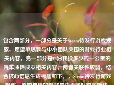包含两部分，一部分是关于Steam待发行游戏观察、愿望单爆款与中小团队突围的游戏行业相关内容，另一部分是14油耗投多少钱一公里的汽车油耗成本相关内容，两者关联性较弱，结合核心信息生成标题如下，，Steam待发行游戏观察，愿望单里的爆款与中小团队突围暗战，附14油耗每公里成本测算
