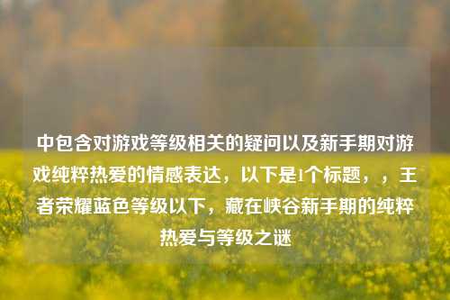 中包含对游戏等级相关的疑问以及新手期对游戏纯粹热爱的情感表达，以下是1个标题，，王者荣耀蓝色等级以下，藏在峡谷新手期的纯粹热爱与等级之谜