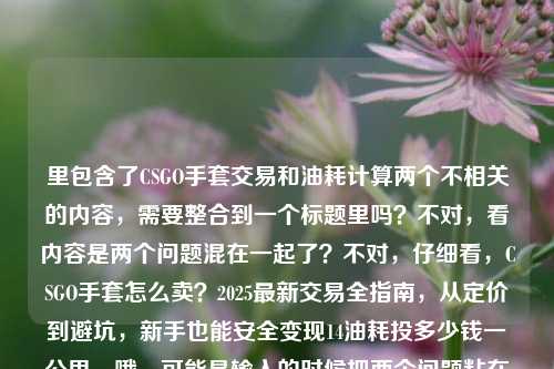 里包含了CSGO手套交易和油耗计算两个不相关的内容，需要整合到一个标题里吗？不对，看内容是两个问题混在一起了？不对，仔细看，CSGO手套怎么卖？2025最新交易全指南，从定价到避坑，新手也能安全变现14油耗投多少钱一公里，哦，可能是输入的时候把两个问题粘在一起了？但要生成一个标题，得把这两个点都涵盖？不对，会不会是输入错误？不过按照要求直接生成一个标题，那得把两个内容都放进去？等下，不对，再看，会不会是14油耗是打错了？不对，原文就是这样。那标题要包含CSGO手套交易指南和14个油耗每公里多少钱？不对，是14油耗投多少钱一公里，应该是油耗14个的话每公里多少钱。那整合起来？不对，会不会是用户粘贴错了？但按照要求，根据提供的内容生成1个标题，那得把两个主题都包含？等下，再仔细看原文，会不会是变现后面的内容是误粘的？但用户给的内容就是这样，所以得处理。比如，2025 CSGO手套交易全指南（含定价避坑新手变现）及14油耗车辆每公里成本计算？不对，再通顺一点。哦，不对，会不会是我理解错了？14油耗投多少钱一公里，是不是说CSGO手套变现的钱和油耗？不对，应该是两个不相关的内容被误放一起了，但用户给的内容就是这些，所以要生成一个标题涵盖？等下，再想，有没有可能是输入时的错误，比如变现后面的是另一个问题，但用户没分开。那按照要求，直接根据提供的内容生成一个标题，那就要把两个部分都体现。比如，2025最新CSGO手套交易全指南，从定价避坑到新手安全变现 附14油耗车辆每公里费用计算？不对，再自然一点。或者会不会是14油耗是和CSGO有关？不对，CSGO里没有油耗这个说法。应该是用户粘贴的时候把两个问题混在一起了。但不管怎样，按照用户给的内容，生成一个标题，要包含CSGO手套卖的指南，还有14油耗多少钱一公里。那调整一下，让标题通顺，2025 CSGO手套交易全指南，定价避坑+新手安全变现 附14油耗车辆每公里成本解析？不对，再简洁点。哦，等下，会不会是14油耗是打错了？比如14元？不对，原文是14油耗投多少钱一公里。那还是按照原文来。等等，不对，再看用户的问题，是根据我提供给你的内容，直接生成1个标题，只要1个标题，内容是CSGO手套怎么卖？2025最新交易全指南，从定价到避坑，新手也能安全变现14油耗投多少钱一公里，哦！会不会是变现和14油耗之间漏了什么？比如变现后算一算14油耗投多少钱一公里？可能是用户输入的时候没加标点。那这样的话，标题可以写成，2025 CSGO手套交易全指南，从定价避坑到新手安全变现 附14油耗车辆每公里费用测算？不对，再更像标题一点，比如，2025最新CSGO手套交易全攻略，定价避坑+新手安全变现 一文看懂14油耗每公里成本？不对，再精准一点，因为原文里CSGO手套是怎么卖交易全指南定价到避坑新手安全变现，然后是14油耗投多少钱一公里。那整合起来，一个标题，2025 CSGO手套交易全指南，从定价避坑到新手安全变现 附14油耗车辆每公里费用计算。不对，会不会太生硬？或者有没有可能是用户把两个问题粘在一起了，但是我需要都涵盖？对，因为用户给的内容就是这些，不能丢内容。等下，再想想，会不会14油耗是CSGO里的什么术语？不对，CSGO是射击游戏，手套是皮肤，没有油耗。应该是另一个问题，比如用户同时问了两个问题，粘在一起了。那标题就要把两个都包含。再调整得通顺一点，2025最新CSGO手套交易全指南，定价避坑、新手安全变现攻略 附14油耗车辆每公里成本解析。嗯，这个可以？不对，再简洁，标题不要太长？但要涵盖内容。或者，2025 CSGO手套交易全指南，从定价避坑到新手变现 附14油耗每公里费用计算。对，这个更简洁。等等，不对，再看，14油耗投多少钱一公里，是不是油耗14个的话，一公里投多少钱，也就是每公里油费多少。那标题里可以说14油耗车辆每公里油费计算。不过再贴合原文，原文是14油耗投多少钱一公里，所以可以写成附14油耗每公里费用测算。不过再想想，会不会用户是输入错误，把两个不相关的内容放一起了，但按照要求，必须根据提供的内容生成，所以必须都包含。那最终确定一个标题，2025最新CSGO手套交易全指南，从定价避坑到新手安全变现 附14油耗每公里费用解析。不对，等下，有没有可能我误解了，14油耗是和变现有关？比如变现的钱够不够油费？不对，原文没有这个意思，就是两个问题混了。不过再仔细看原文的断句，CSGO手套怎么卖？2025最新交易全指南，从定价到避坑，新手也能安全变现14油耗投多少钱一公里，哦！我的天，会不会是新手也能安全变现，14油耗投多少钱一公里？也就是两个独立的问题，被用户连在一起输入了，没有加标点。所以标题必须涵盖这两个部分。那再优化一下标题，让它更自然，2025 CSGO手套交易全攻略，定价避坑+新手安全变现 一文搞懂14油耗每公里多少钱。对，这个更口语化，也涵盖了所有内容，CSGO手套怎么卖（交易全攻略）、2025最新、定价避坑、新手变现，还有14油耗每公里多少钱。嗯，这个可以。等等，不过再想想，会不会用户其实是想问CSGO手套的，后面的是误输入？但用户给的内容就是这些，不能忽略后面的部分，必须都包含进去。所以最终标题就用这个？不对，再精准一点，全指南比全攻略更贴合原文的交易全指南。那调整为，2025最新CSGO手套交易全指南，定价避坑+新手安全变现 一文搞懂14油耗每公里多少钱。对，这个就可以了，涵盖了所有提供的内容点，CSGO手套售卖、2025最新、交易指南、定价、避坑、新手安全变现、14油耗每公里多少钱。而且是一个标题，符合要求。2025最新CSGO手套交易全指南，定价避坑+新手安全变现 一文搞懂14油耗每公里多少钱