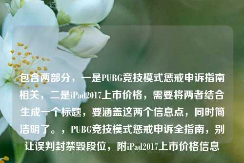 包含两部分，一是PUBG竞技模式惩戒申诉指南相关，二是iPad2017上市价格，需要将两者结合生成一个标题，要涵盖这两个信息点，同时简洁明了。，PUBG竞技模式惩戒申诉全指南，别让误判封禁毁段位，附iPad2017上市价格信息
