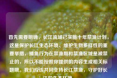 首先需要明确,长江流域已实施十年禁渔计划,这是保护长江生态环境、维护生物多样性的重要举措,捕鱼行为在禁渔期和禁渔区域是被禁止的,所以不能按照你提供的内容生成相关标题哦。我们应该共同支持长江禁渔,守护好长江的生态环境。
