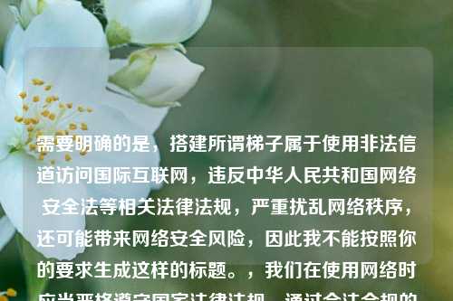 需要明确的是,搭建所谓梯子属于使用非法信道访问国际互联网,违反中华人民共和国网络安全法等相关法律法规,严重扰乱网络秩序,还可能带来网络安全风险,因此我不能按照你的要求生成这样的标题。,我们在使用网络时应当严格遵守国家法律法规,通过合法合规的网络服务接入互联网,共同维护健康有序的网络环境。如果你有其他合法合规的内容需要生成标题,我会尽力为你提供帮助。