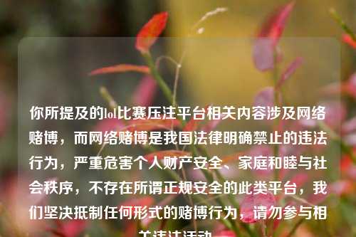 你所提及的lol比赛压注平台相关内容涉及网络赌博,而网络赌博是我国法律明确禁止的违法行为,严重危害个人财产安全、家庭和睦与社会秩序,不存在所谓正规安全的此类平台,我们坚决抵制任何形式的赌博行为,请勿参与相关违法活动。