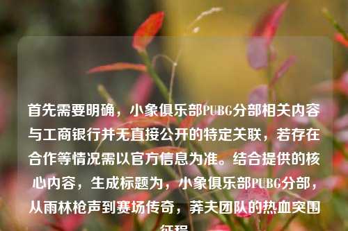 首先需要明确,小象俱乐部PUBG分部相关内容与工商银行并无直接公开的特定关联,若存在合作等情况需以官方信息为准。结合提供的核心内容,生成标题为,小象俱乐部PUBG分部,从雨林枪声到赛场传奇,莽夫团队的热血突围征程