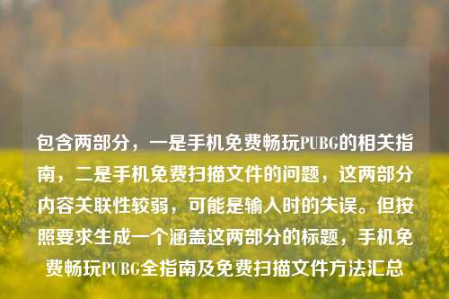 包含两部分，一是手机免费畅玩PUBG的相关指南，二是手机免费扫描文件的问题，这两部分内容关联性较弱，可能是输入时的失误。但按照要求生成一个涵盖这两部分的标题，手机免费畅玩PUBG全指南及免费扫描文件方法汇总