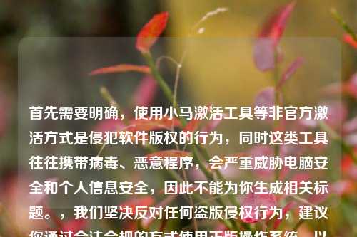 首先需要明确，使用小马激活工具等非官方激活方式是侵犯软件版权的行为，同时这类工具往往携带病毒、恶意程序，会严重威胁电脑安全和个人信息安全，因此不能为你生成相关标题。，我们坚决反对任何盗版侵权行为，建议你通过合法合规的方式使用正版操作系统，以保障自身权益和信息安全。